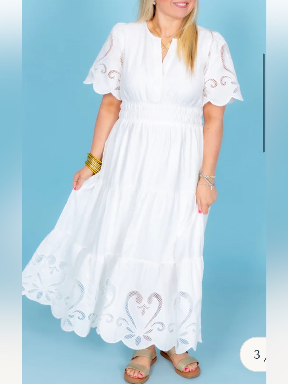 Women’s White Eyelet Midi Dress with Puff Sleeves